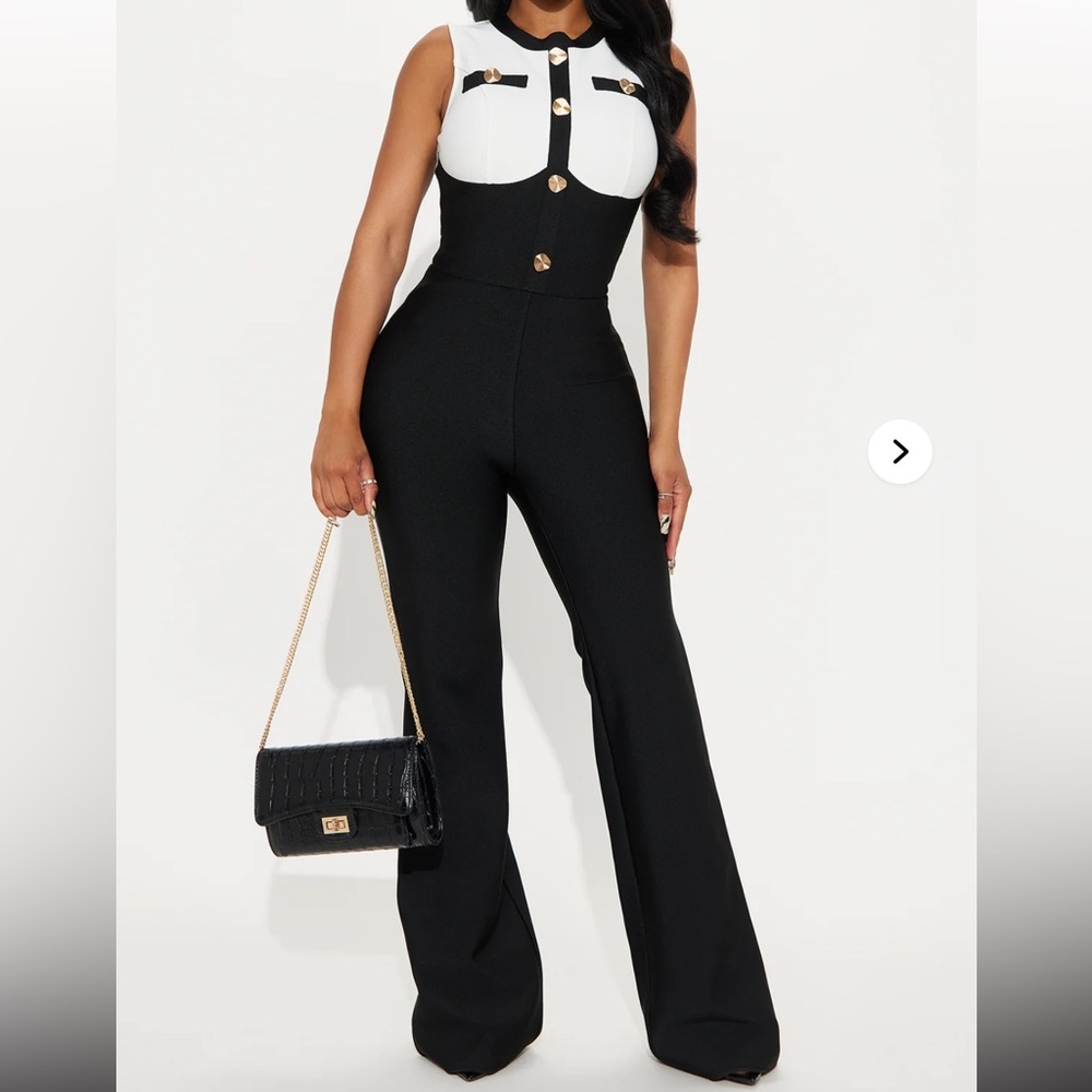 NWT Fashion Nova L Ahead Of Schedule Bandage Jumpsuit Buttons Black White